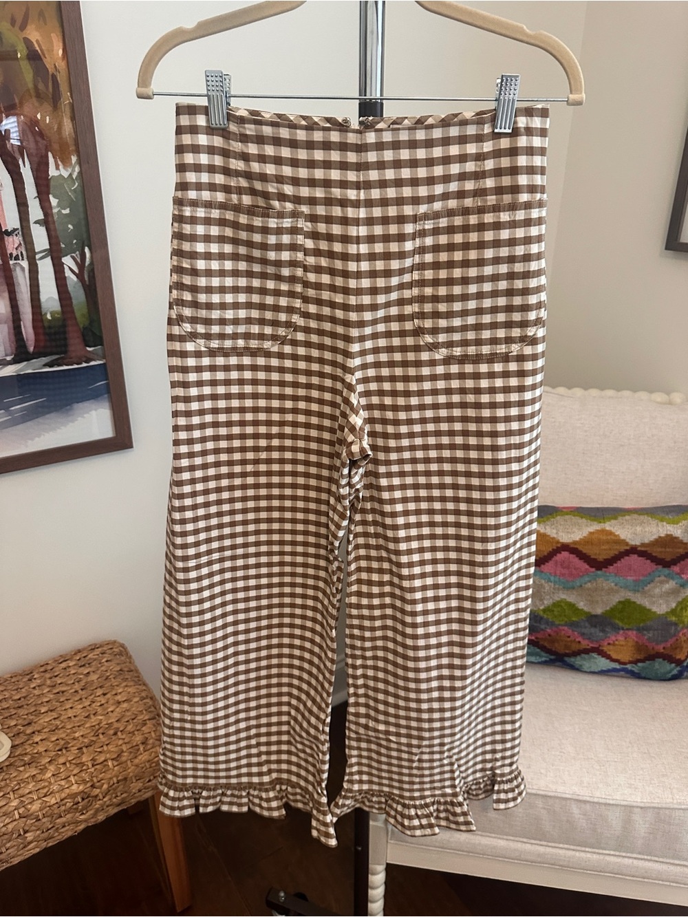 Anthropologie Maeve Collette Brown and White Gingham Ruffle-Hem Pants